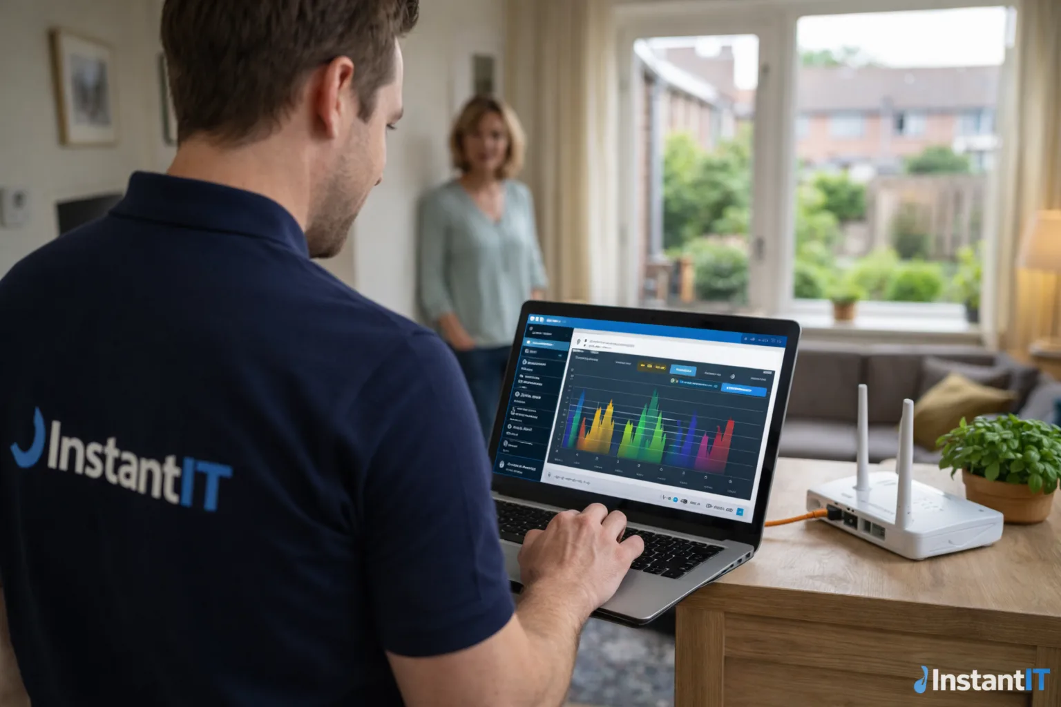 IT-specialist voert wifi-meting uit met laptop en router op tafel.